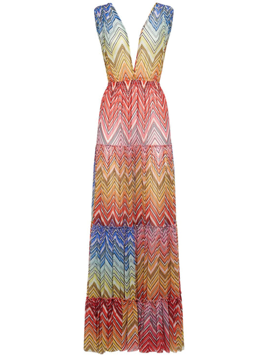Missoni: Chevron print tulle long tiered dress - Multicolor - women_0 | Luisa Via Roma
