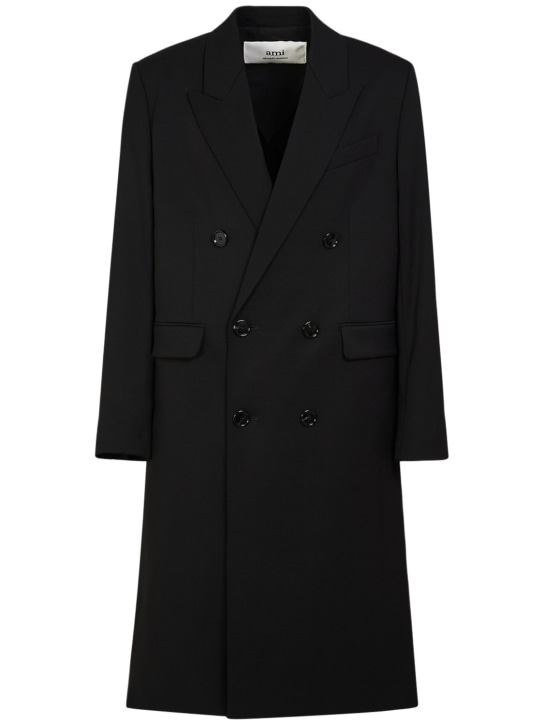 AMI Paris: Double breast wool gabardine coat - Black - men_0 | Luisa Via Roma
