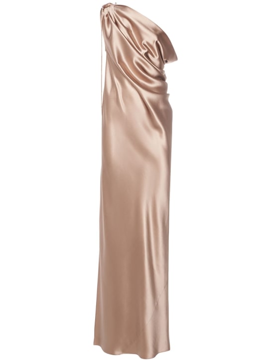 Max Mara: Draped silk satin one shoulder dress - Bronze - women_0 | Luisa Via Roma