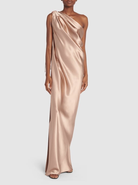 Max Mara: Draped silk satin one shoulder dress - Bronze - women_1 | Luisa Via Roma