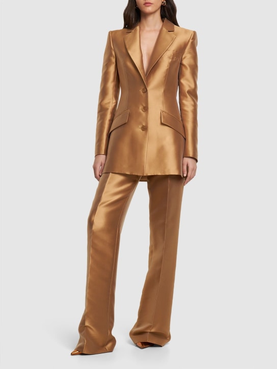 Alberta Ferretti: Fitted Mikado silk blend jacket - Dark Gold - women_1 | Luisa Via Roma