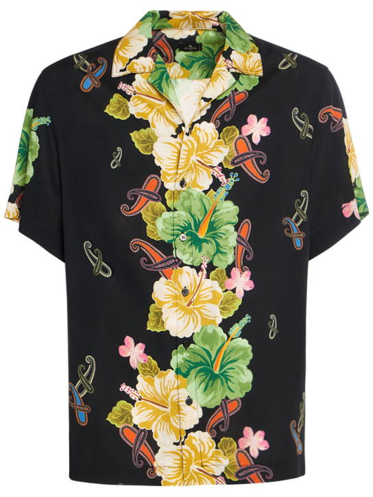 Etro: Chemise à manches courtes en coton floral - Noir - men_0 | Luisa Via Roma