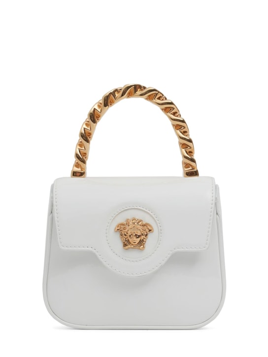 Versace: Medusa patent leather top handle bag - Optic White - women_0 | Luisa Via Roma
