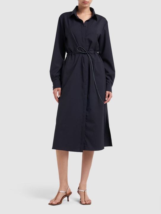 Max Mara: Monia wool long sleeve shirt midi dress - Dark Blue - women_1 | Luisa Via Roma