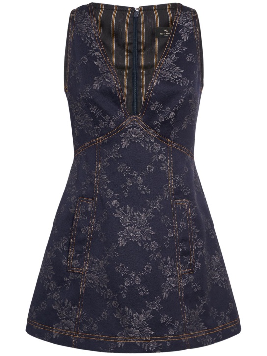 Etro: Jacquard v-neck sleeveless mini dress - Blue - women_0 | Luisa Via Roma