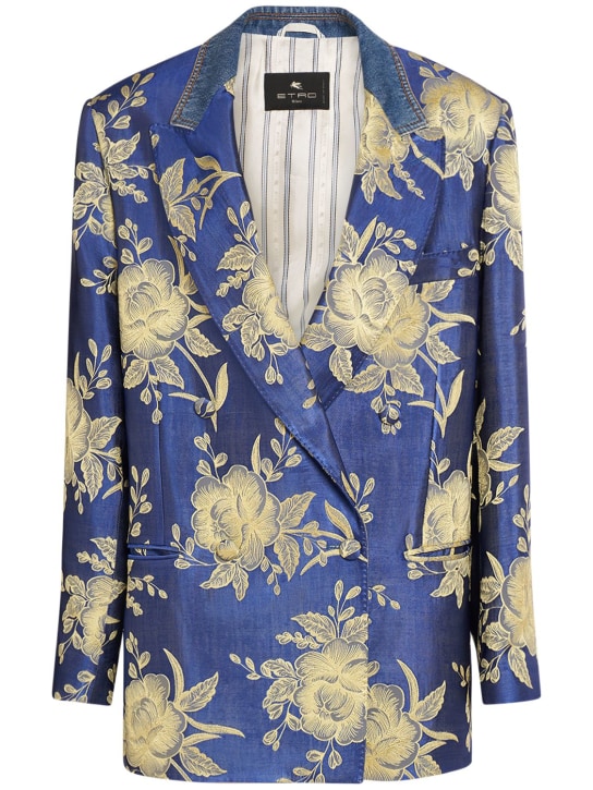 Etro: Printed jacquard double breasted jacket - Blue/Yellow - women_0 | Luisa Via Roma