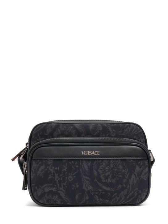 Versace: Small jacquard canvas crossbody bag - Black - men_0 | Luisa Via Roma