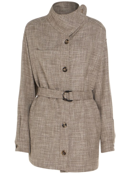 Loro Piana: Ardian belted wool blend t-neck jacket - Grey - women_0 | Luisa Via Roma