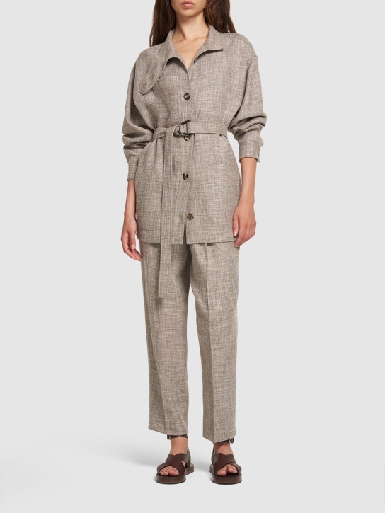 Loro Piana: Ardian belted wool blend t-neck jacket - Grey - women_1 | Luisa Via Roma