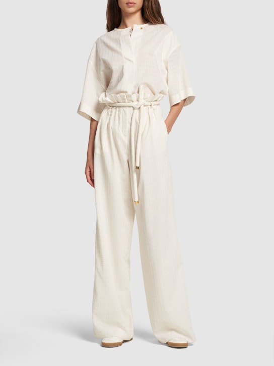 Loro Piana: Tristin belted cotton blend wide pants - Ivory/Gold - women_1 | Luisa Via Roma