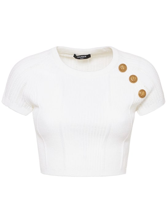 Balmain: Embellished knit crop top - White - women_0 | Luisa Via Roma