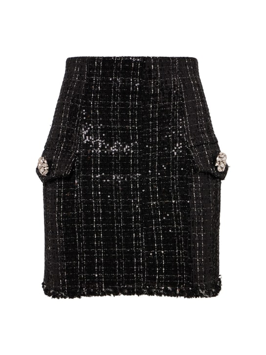 Balmain: Minifalda de tweed con glitter - Negro - women_0 | Luisa Via Roma