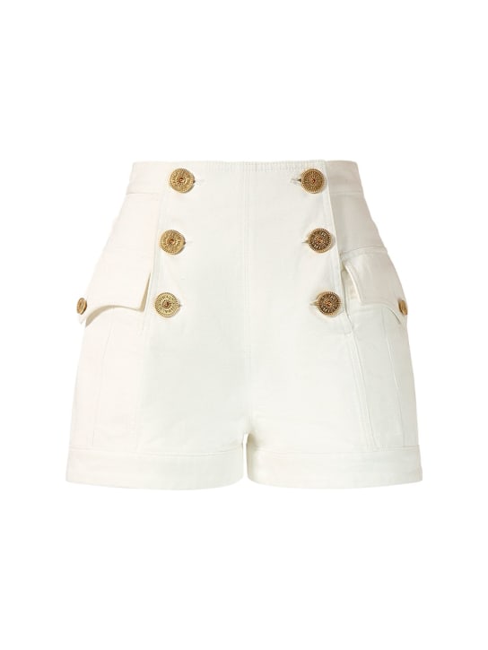 Balmain: Shorts de denim con botones - Blanco - women_0 | Luisa Via Roma