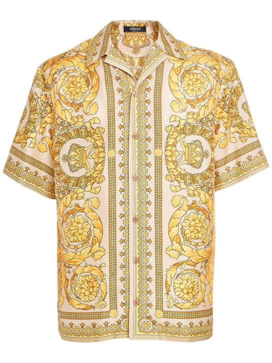 Versace: Barocco printed silk short sleeve shirt - Champagne - men_0 | Luisa Via Roma