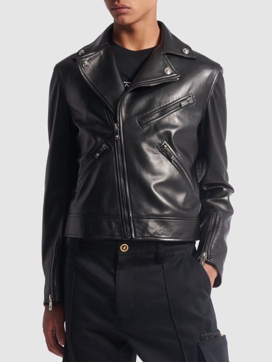 Versace: Leather biker jacket - Black - men_1 | Luisa Via Roma