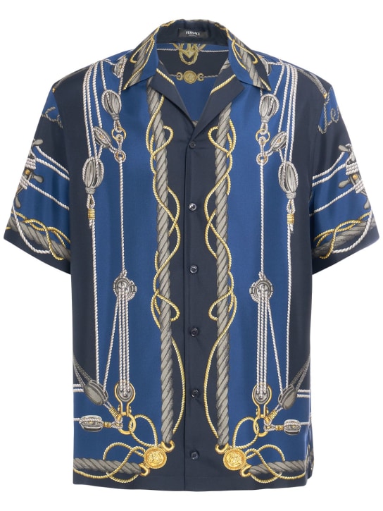 Versace: Bedrucktes, kurzärmeliges Hemd aus Seide - Blau/Gold - men_0 | Luisa Via Roma