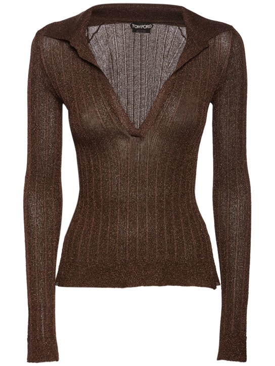 Tom Ford: Lurex ribbed knit long sleeve polo - Brown - women_0 | Luisa Via Roma