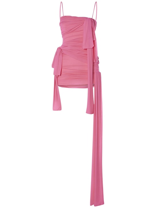 Blumarine: Draped tech jersey mini dress w/bows - Pink - women_0 | Luisa Via Roma