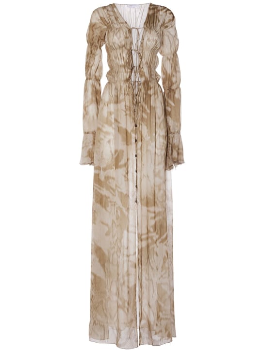 Blumarine: Gathered printed viscose long dress - Multi/Beige - women_0 | Luisa Via Roma