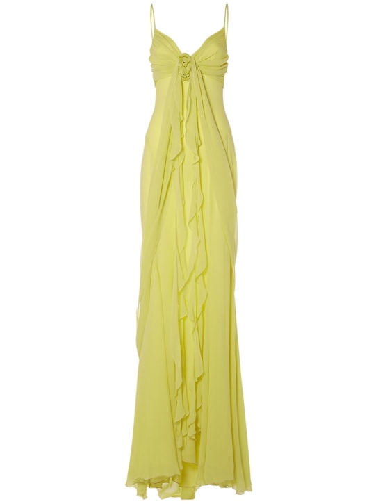 Blumarine: Ruffled silk long dress w/rose - Yellow - women_0 | Luisa Via Roma
