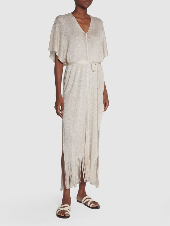 Max Mara: Macao fringed lurex belted midi dress - White - women_1 | Luisa Via Roma