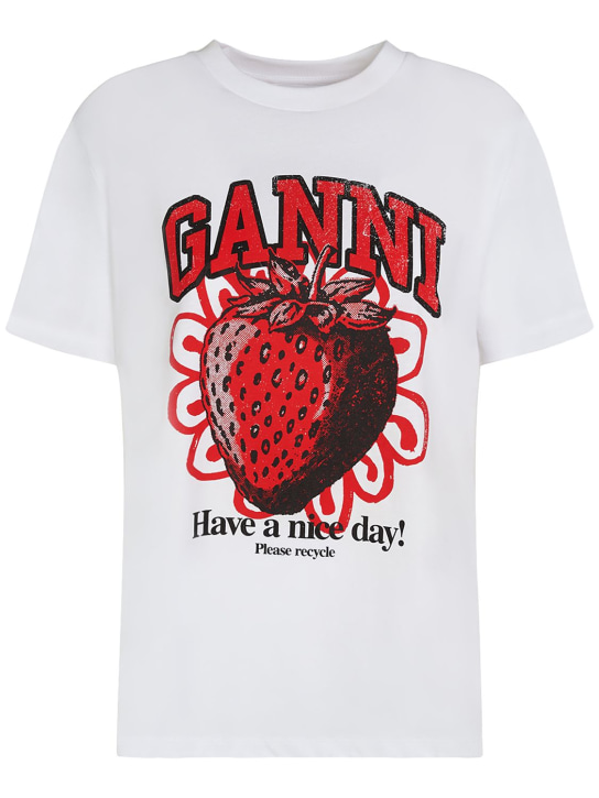 GANNI: T-shirt en jersey de coton imprimé fraise - Blanc Vif - women_0 | Luisa Via Roma