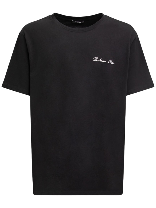 Balmain: Camiseta de algodón con logo - Negro - men_0 | Luisa Via Roma