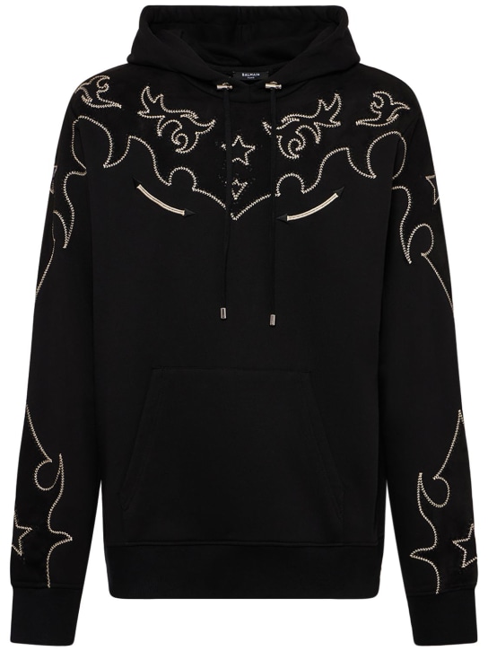 Balmain: Jersey & suede baroque cotton hoodie - Black - men_0 | Luisa Via Roma