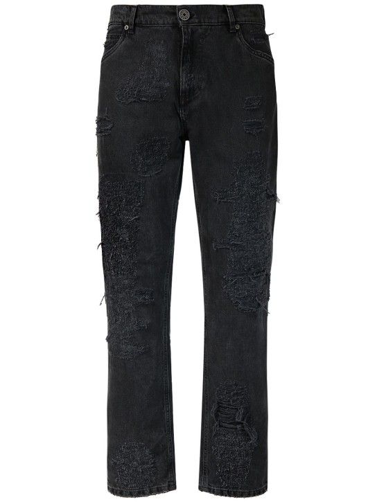 Balmain: Jeans de denim de algodón desgastados - Negro - men_0 | Luisa Via Roma