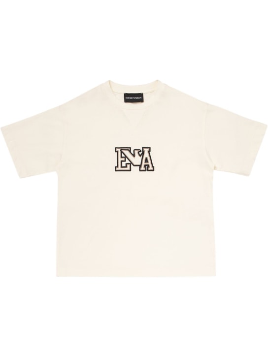 Emporio Armani: Camiseta de jersey de algodón con logo bordado - Beige - kids-boys_0 | Luisa Via Roma