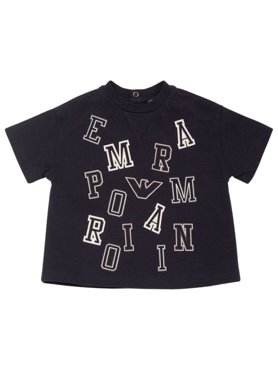 Emporio Armani: T-shirt en jersey de coton imprimé - Bleu Marine - kids-boys_0 | Luisa Via Roma