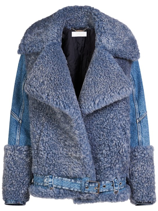 Chloé: Belted denim & shearling jacket - Blue - women_0 | Luisa Via Roma