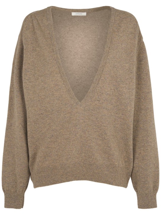 Lemaire: Deep v neck wool blend sweater - Beige Grey - women_0 | Luisa Via Roma