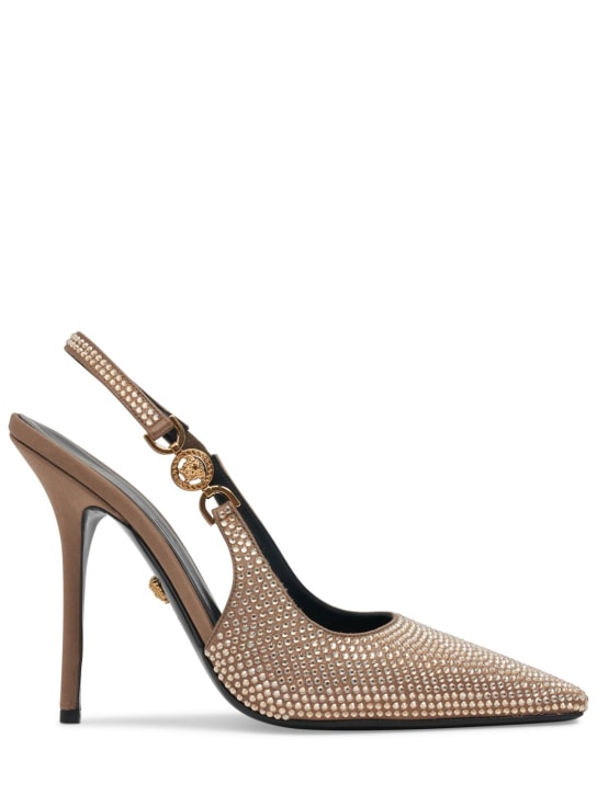 Versace: Zapatos de tacón de satén con cristales 110mm - Beige - women_0 | Luisa Via Roma