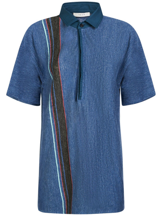 The Row: Eddie linen polo shirt w/stripe - Blue - women_0 | Luisa Via Roma