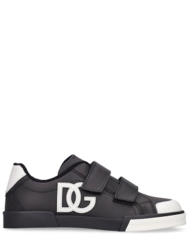 Dolce&Gabbana: Logo print leather strap sneakers - Black/White - kids-boys_0 | Luisa Via Roma