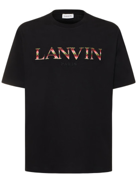 Lanvin: T-shirt in cotone con logo - Nero - men_0 | Luisa Via Roma