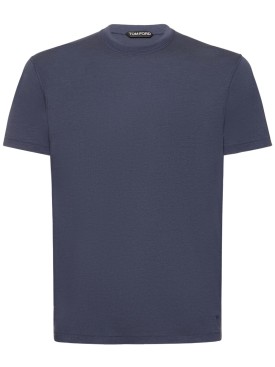 Tom Ford: T-shirt en coton mélangé à col ras-du-cou - Bleu Marine - men_0 | Luisa Via Roma