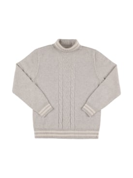 Brunello Cucinelli: Cashmere cable knit turtleneck sweater - Grey/White - kids-boys_0 | Luisa Via Roma