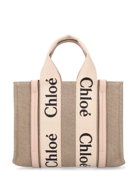 Chloé: Small Woody canvas top handle bag - Beige/Pink - women_0 | Luisa Via Roma