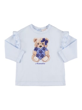 Monnalisa: T-shirt en jersey de coton imprimé ourson - Bleu Clair - kids-girls_0 | Luisa Via Roma