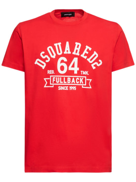 Dsquared2: College印花棉质平纹针织T恤 - 红色 - men_0 | Luisa Via Roma