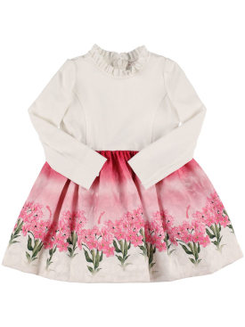 Monnalisa: Vestito midi in broccato stampato con cintura - Bianco/Rosso - kids-girls_0 | Luisa Via Roma