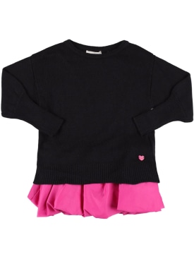 Monnalisa: Cotton knit & satin dress - Black/Fuchsia - kids-girls_0 | Luisa Via Roma