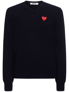 Comme des Garçons Play: Play logo knit wool V-neck sweater - Navy - men_0 | Luisa Via Roma