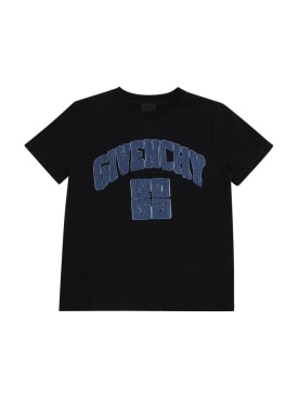 Givenchy: T-shirt en jersey de coton à logo en denim - Noir - kids-boys_0 | Luisa Via Roma