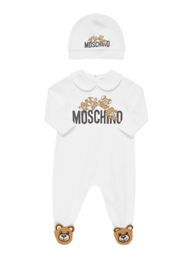 Moschino: 코튼 저지 롬퍼 & 모자 - 화이트 - kids-boys_0 | Luisa Via Roma