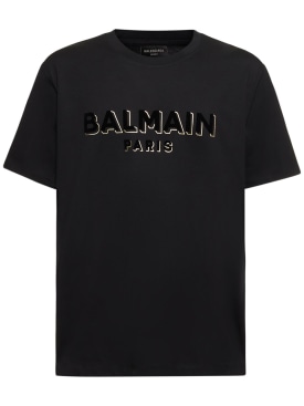 Balmain: Flocked & foiled logo t-shirt - Black/Gold - men_0 | Luisa Via Roma
