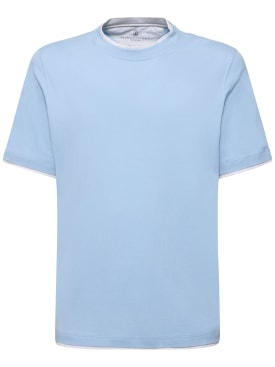 Brunello Cucinelli: Layered cotton jersey solid t-shirt - Turchese - men_0 | Luisa Via Roma