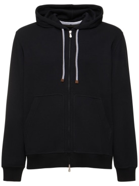 Brunello Cucinelli: Cotton blend zipped hoodie - Black - men_0 | Luisa Via Roma